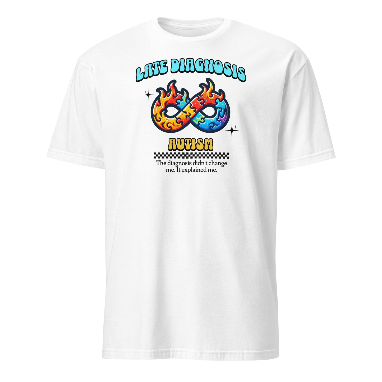 White t-shirt with colorful design and text on a white background: Late Diagnosis Autism Shirt, Neurodiversity In Adult Tee, Neurodivergent T-Shirt, AuDHD Neurospicy Brain, Mental Health Gift For Therapist