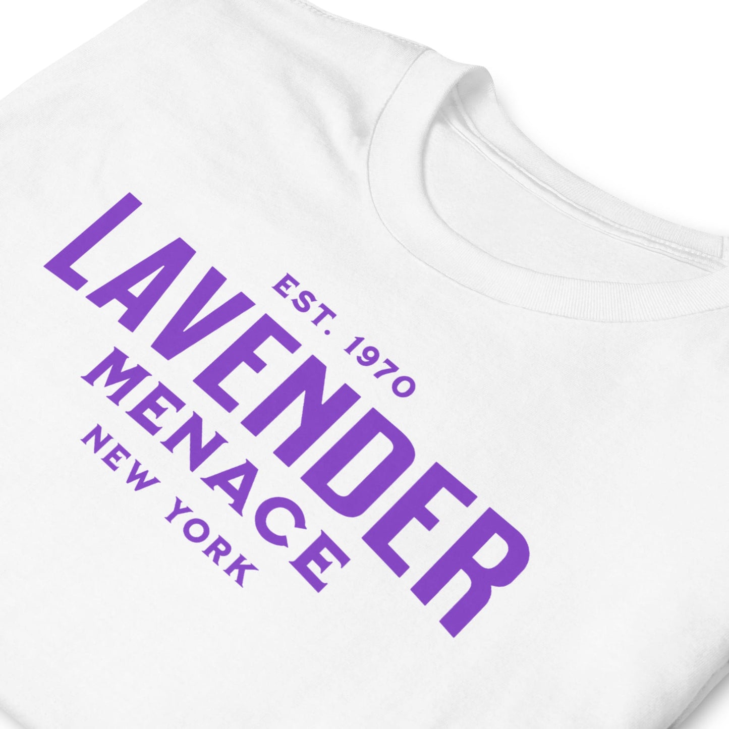 White sweatshirt with purple text 'LAVENDER MENACE NEW YORK' on a white background: Lavender Menace Shirt, Lesbian Pride Tee, Queer Resistance T-Shirt, Sapphic Feminist Gift, LGBTQ Activist, Subtle WLW Pride 70s Feminism