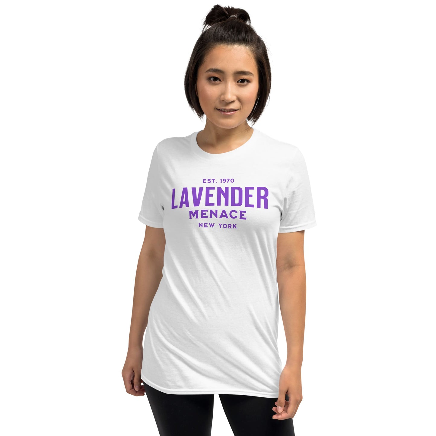Person wearing a white t-shirt with 'Lavender Menace' text on a white background: Lavender Menace Shirt, Lesbian Pride Tee, Queer Resistance T-Shirt, Sapphic Feminist Gift, LGBTQ Activist, Subtle WLW Pride 70s Feminism