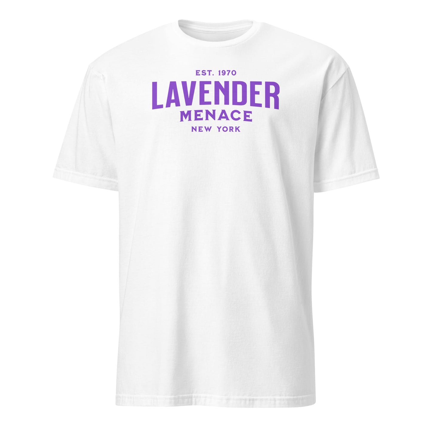 White t-shirt with purple text 'LAVENDER MENACE NEW YORK' on a white background: Lavender Menace Shirt, Lesbian Pride Tee, Queer Resistance T-Shirt, Sapphic Feminist Gift, LGBTQ Activist, Subtle WLW Pride 70s Feminism