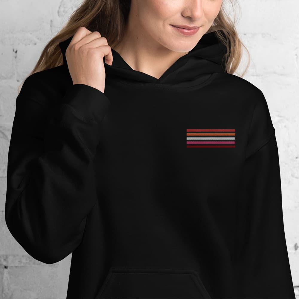 lesbian hoodie, subtle sunset flag embroidered pocket design hooded sweatshirt, model 1