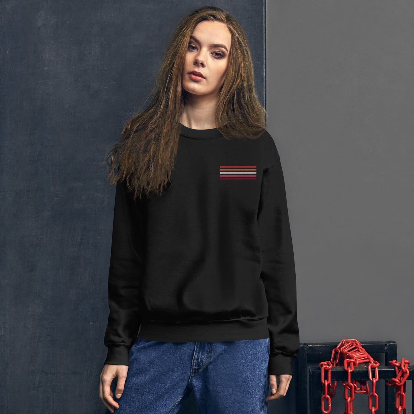 lesbian sweatshirt, subtle sunset flag embroidered pocket design sweater, model 1