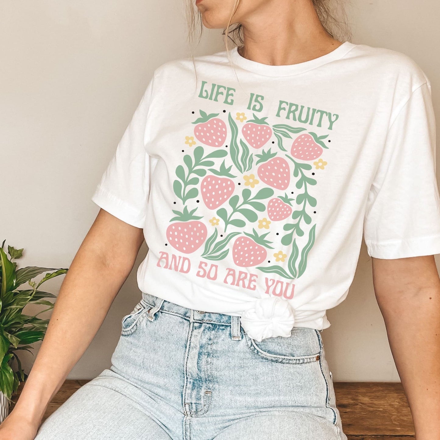 Person wearing a white t-shirt with 'Life is Fruity and So Are You' design: Funny Fruity Shirt, Subtle Queer Tee, Summer Strawberry T-Shirt, Pastelcore LGBTQ Outfit, Botanical Gay Lesbian Trans Bi Pan Ace Enby Gift