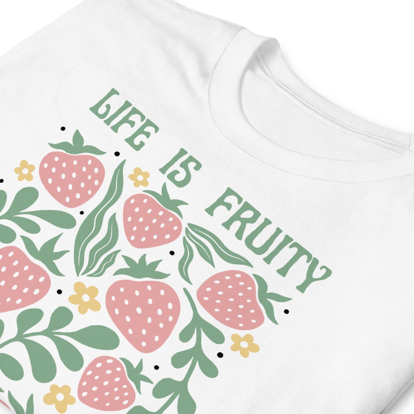 White shirt with strawberry pattern and 'Life is Fruity' text: Funny Fruity Shirt, Subtle Queer Tee, Summer Strawberry T-Shirt, Pastelcore LGBTQ Outfit, Botanical Gay Lesbian Trans Bi Pan Ace Enby Gift
