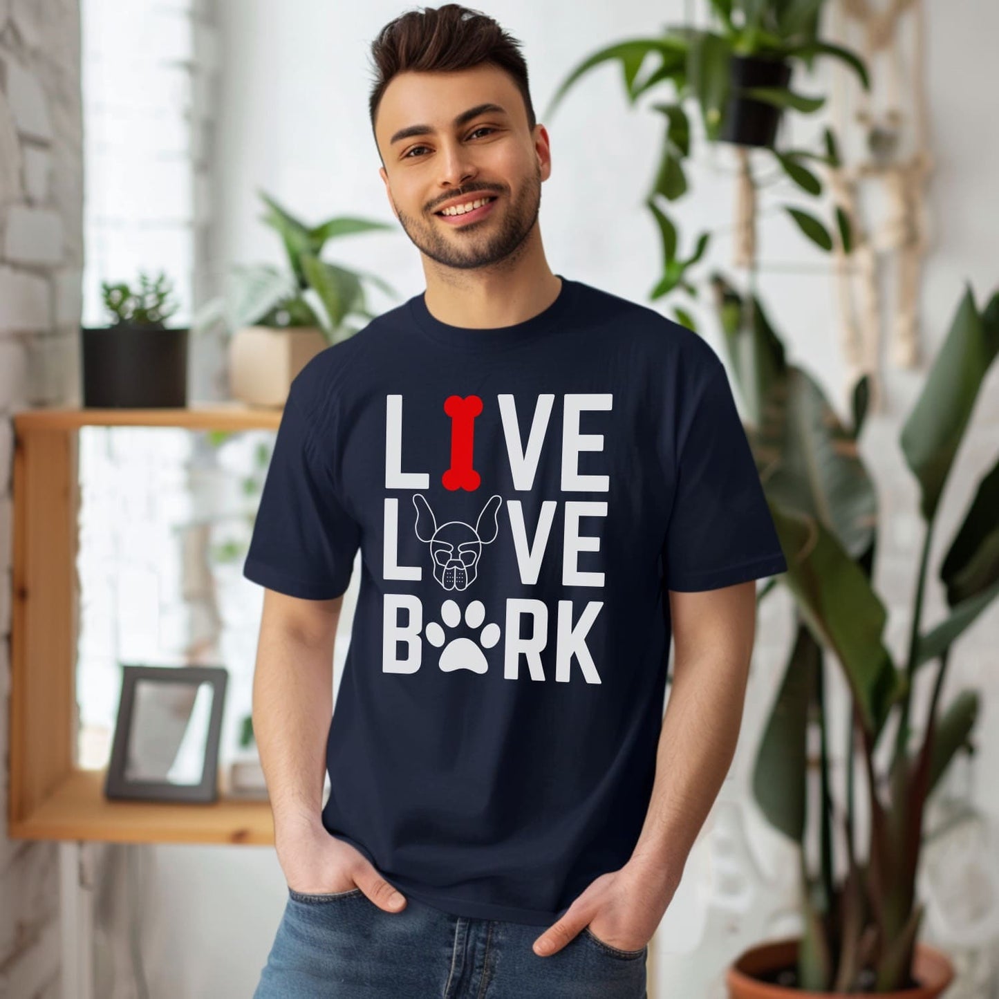 Man wearing a navy blue t-shirt with 'Live Love Bark' design in a room with plants: Puppy Play Shirt, Funny Pet Play T-Shirt, Live Love Bark Pup & Handler Tshirts, Puppy Hood Tee, Human Puppy Gift, Petplay Gift