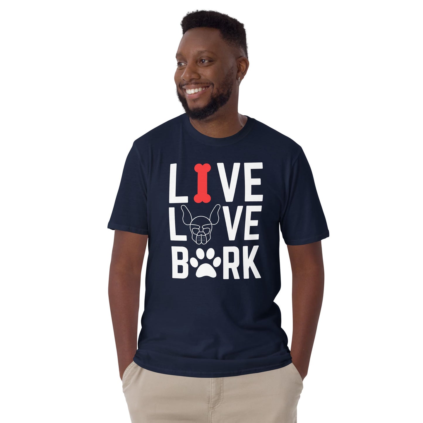 Man wearing a navy blue t-shirt with 'LIVE LOVE BARK' text and graphics on a white background: Puppy Play Shirt, Funny Pet Play T-Shirt, Live Love Bark Pup & Handler Tshirts, Puppy Hood Tee, Human Puppy Gift, Petplay Gift