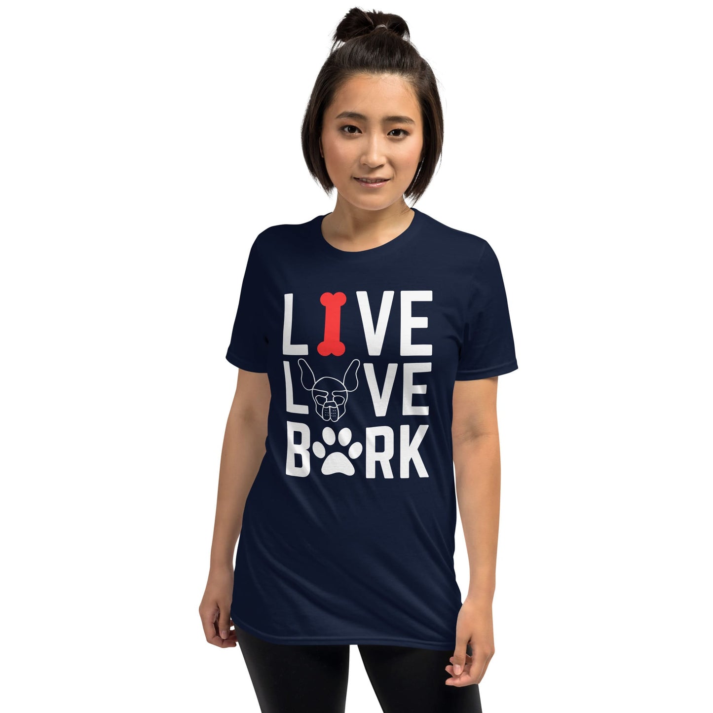 Person wearing a navy blue t-shirt with 'LIVE LOVE BARK' text and dog graphic on a white background: Puppy Play Shirt, Funny Pet Play T-Shirt, Live Love Bark Pup & Handler Tshirts, Puppy Hood Tee, Human Puppy Gift, Petplay Gift
