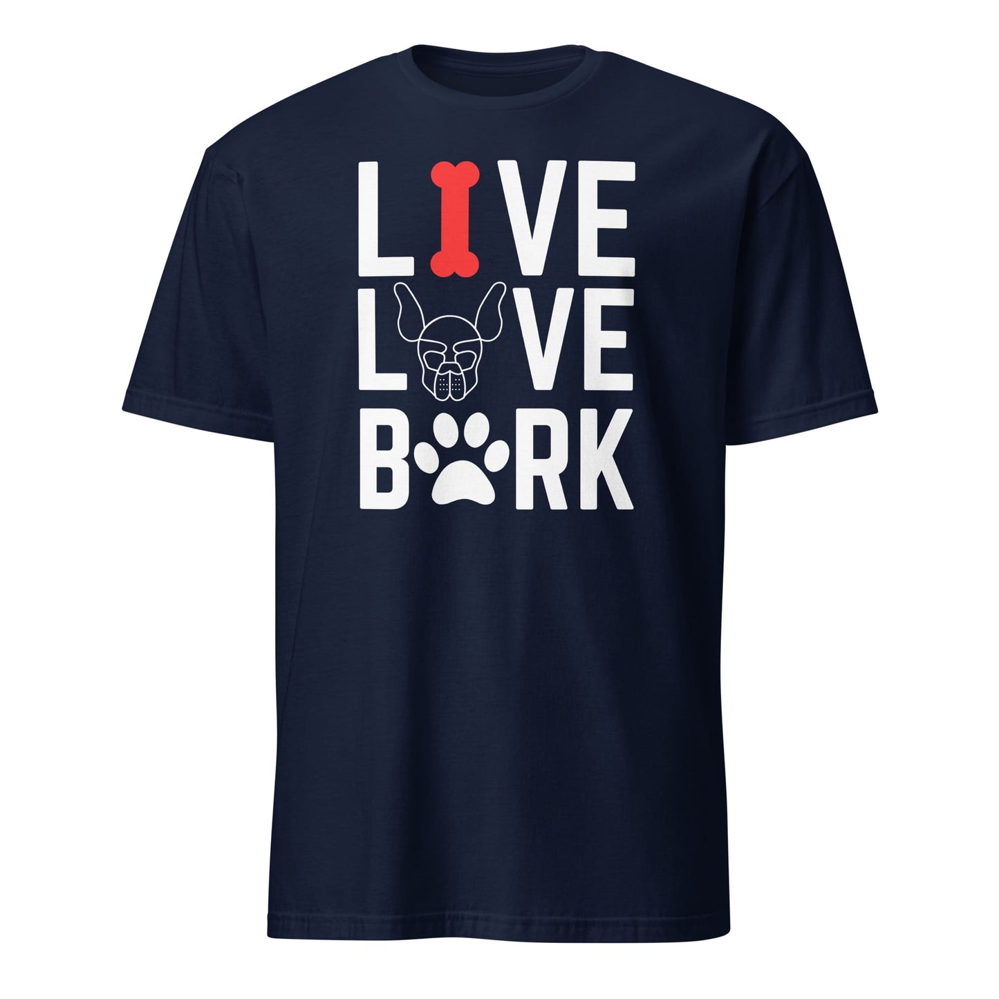 Navy blue t-shirt with 'Live Love Bark' design on a white background: Puppy Play Shirt, Funny Pet Play T-Shirt, Live Love Bark Pup & Handler Tshirts, Puppy Hood Tee, Human Puppy Gift, Petplay Gift