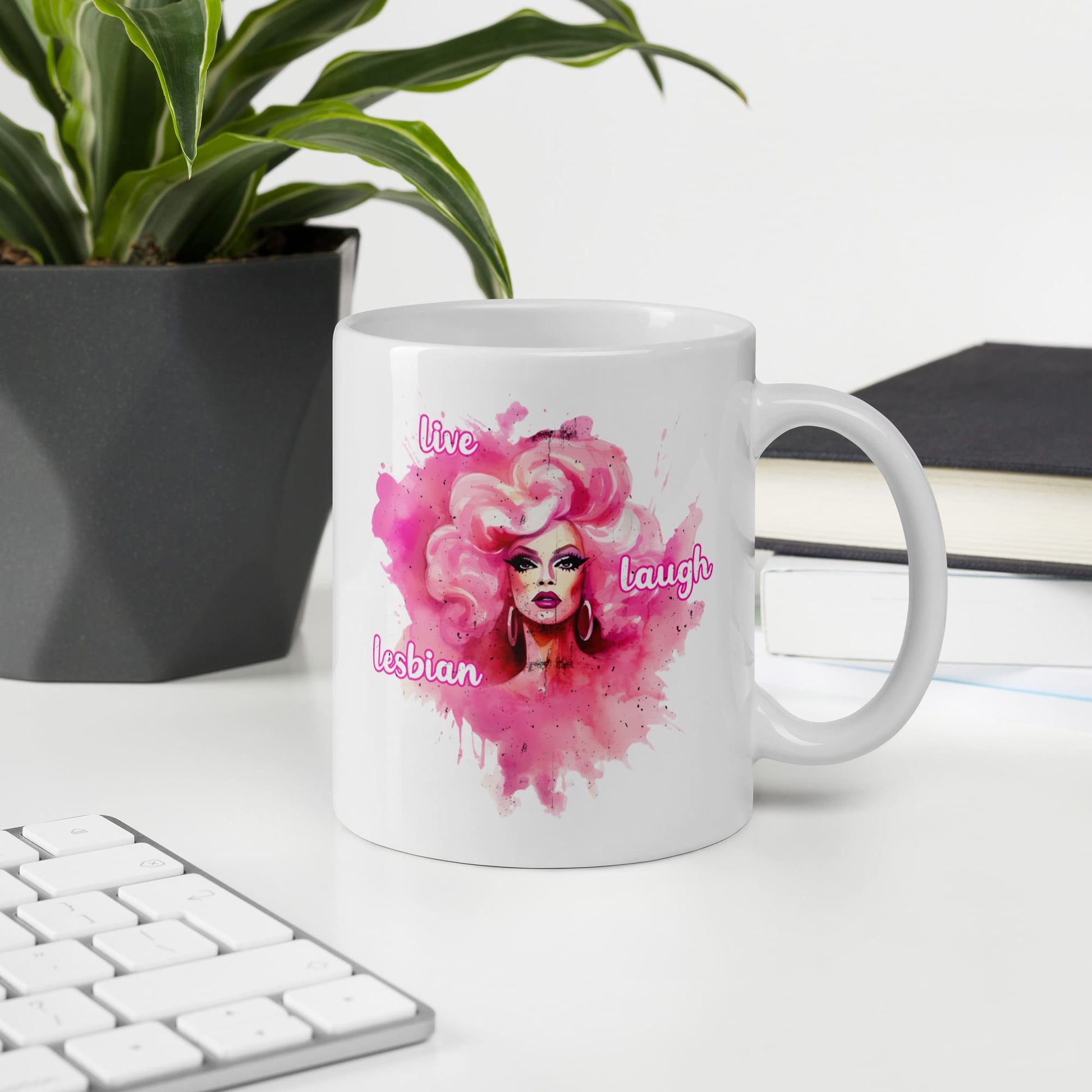 live laugh lesbian coffee or tea mug on desk