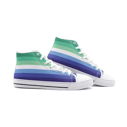 gay mlm shoes, vincian flag pride sneakers, white