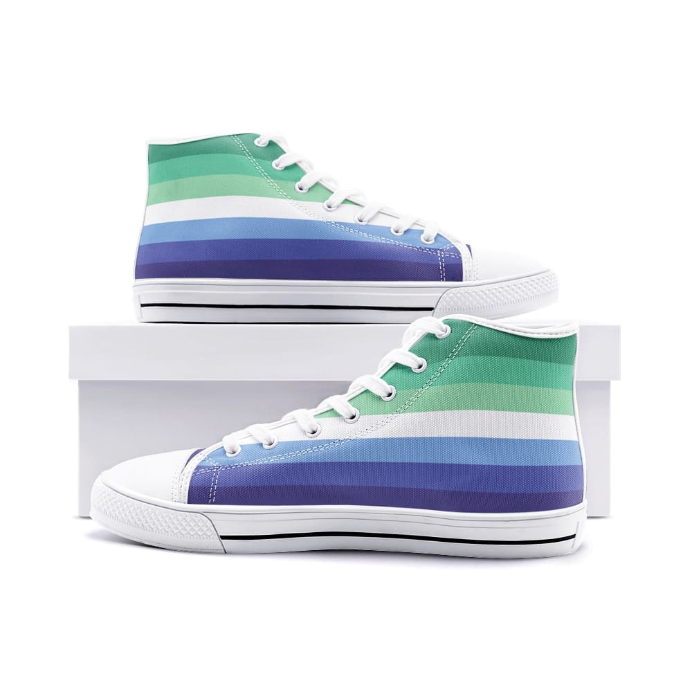 gay mlm shoes, vincian flag pride sneakers, white