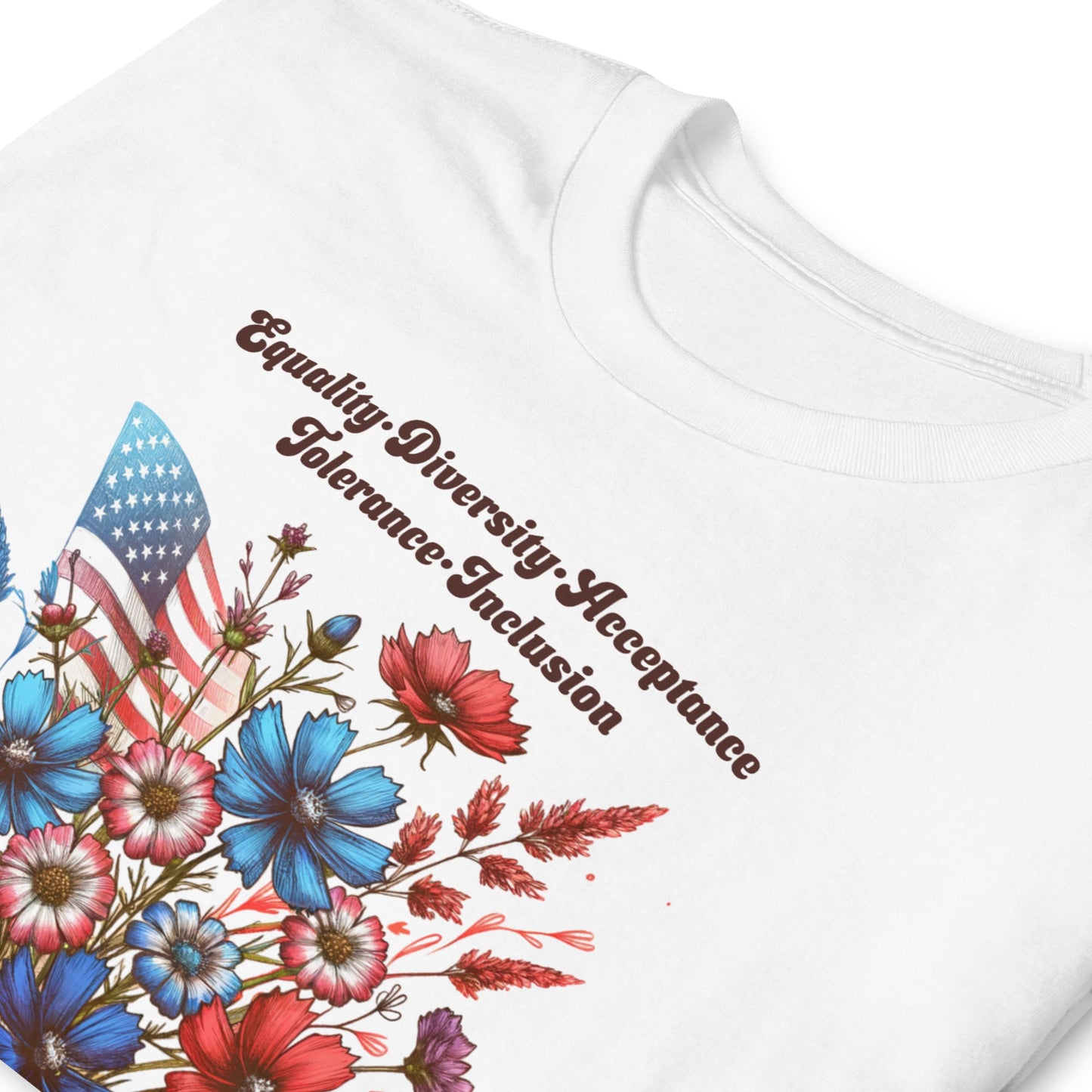 White t-shirt with floral design and text on a white background: Make America Kind Again Shirt, Kindness Patriotic Tee, Inspirational Human Rights T-Shirt, USA Diversity Shirt, Wildflowers Democrat Gift