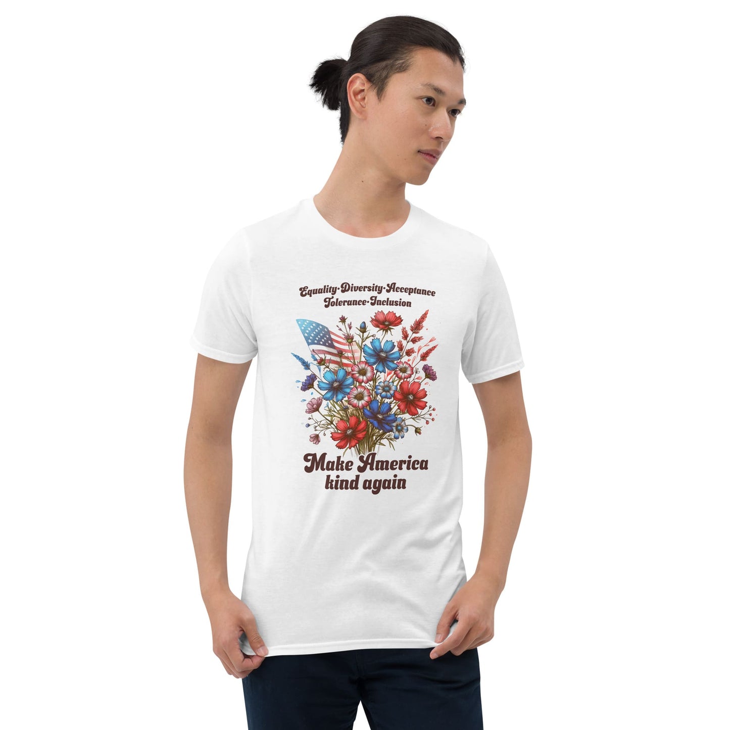 Person wearing a white t-shirt with a floral design and text on a white background: Make America Kind Again Shirt, Kindness Patriotic Tee, Inspirational Human Rights T-Shirt, USA Diversity Shirt, Wildflowers Democrat Gift