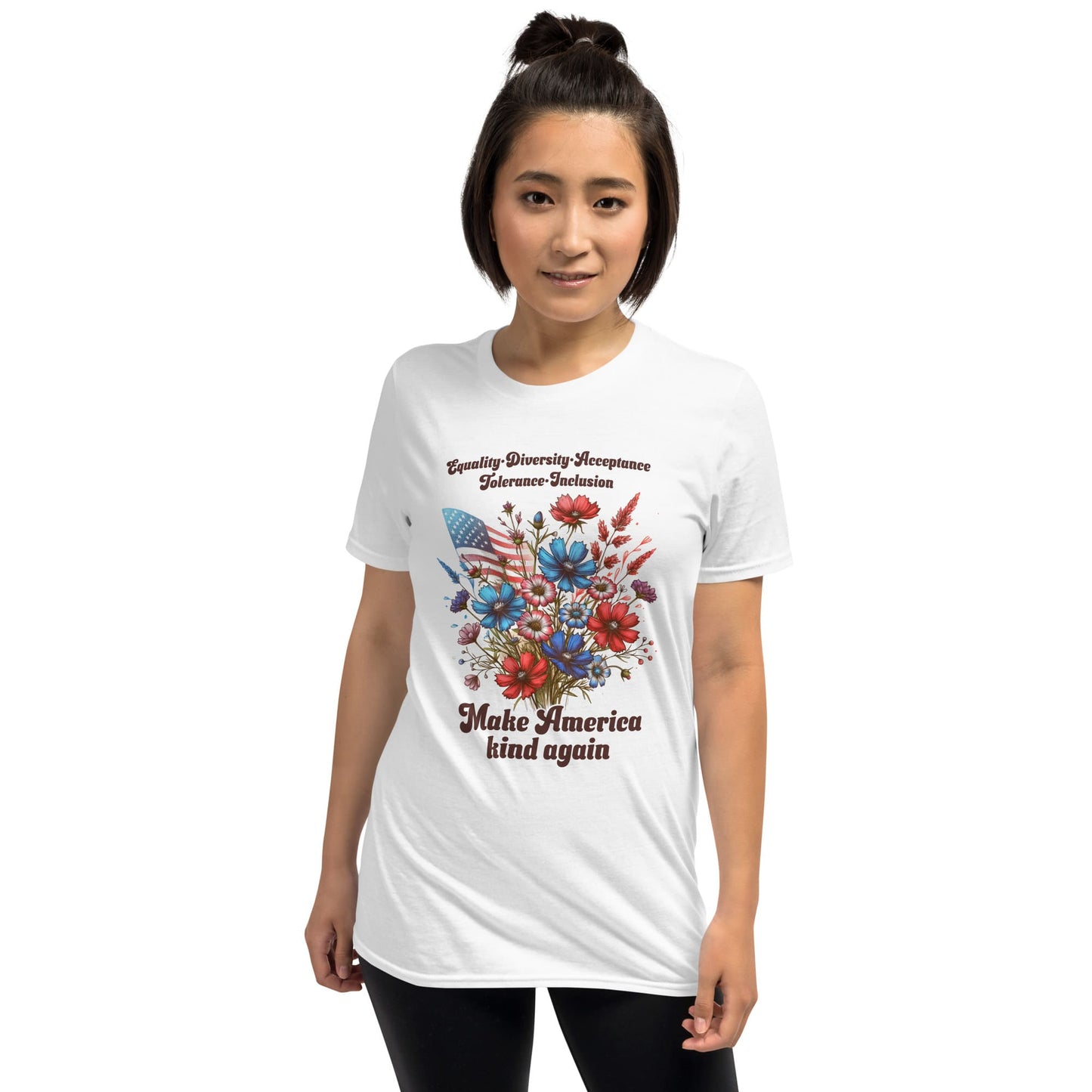 Person wearing a white t-shirt with floral design and text on a white background: Make America Kind Again Shirt, Kindness Patriotic Tee, Inspirational Human Rights T-Shirt, USA Diversity Shirt, Wildflowers Democrat Gift