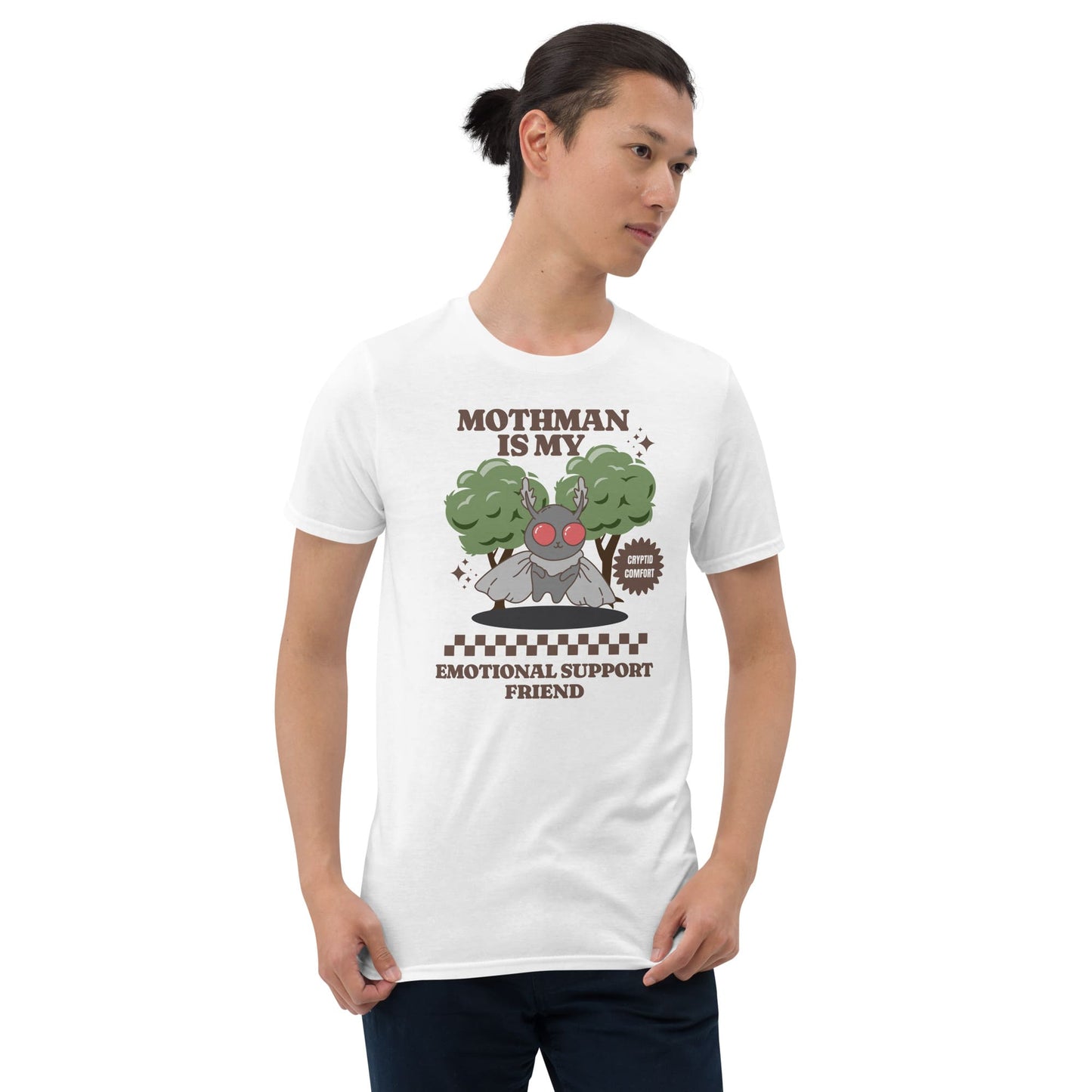 Person wearing a white t-shirt with a graphic design of Mothman and text on a white background: Mental Health Mothman Comfort Colors Shirt, Cute Cryptidcore Neurospicy Tee, Funny Weirdcore Gift, Neurodivergent Overstimulated T-Shirt