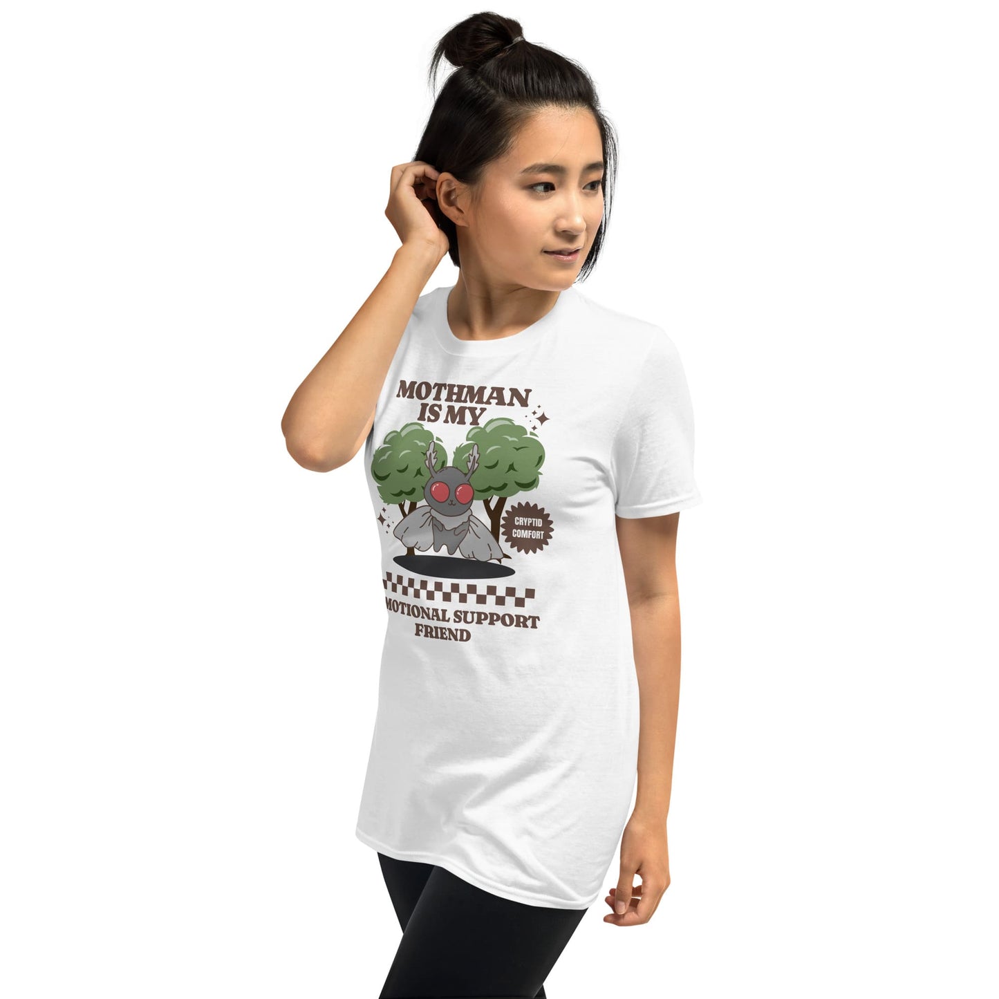 Person wearing a white t-shirt with a graphic design on a white background: Mental Health Mothman Comfort Colors Shirt, Cute Cryptidcore Neurospicy Tee, Funny Weirdcore Gift, Neurodivergent Overstimulated T-Shirt