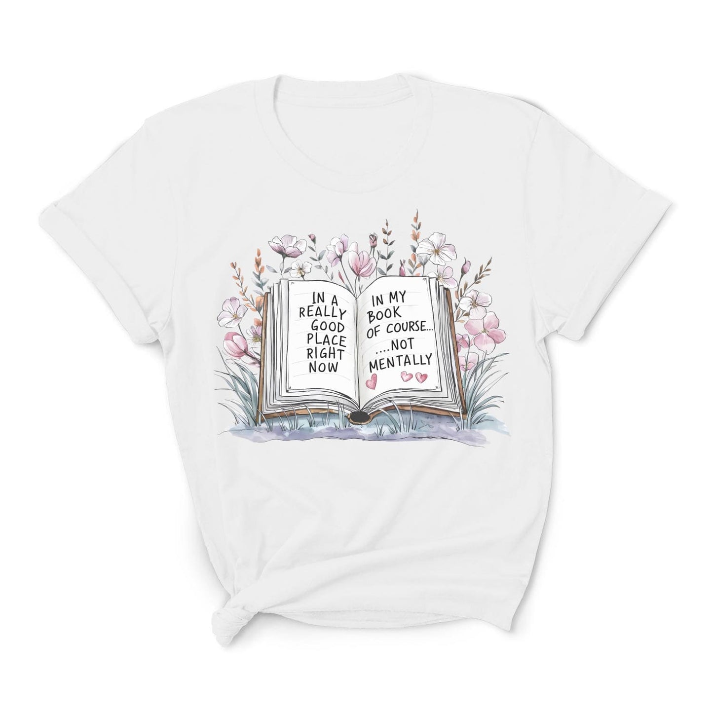 White t-shirt with an open book graphic and text on a white background