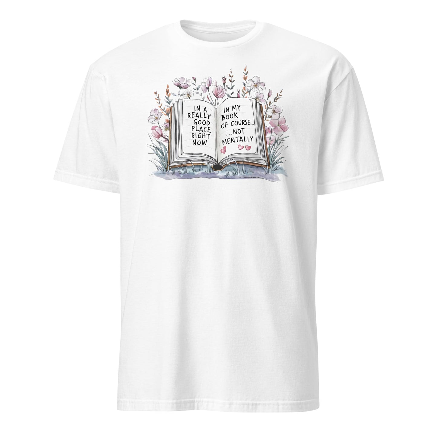 White t-shirt with a book and floral design on a white background