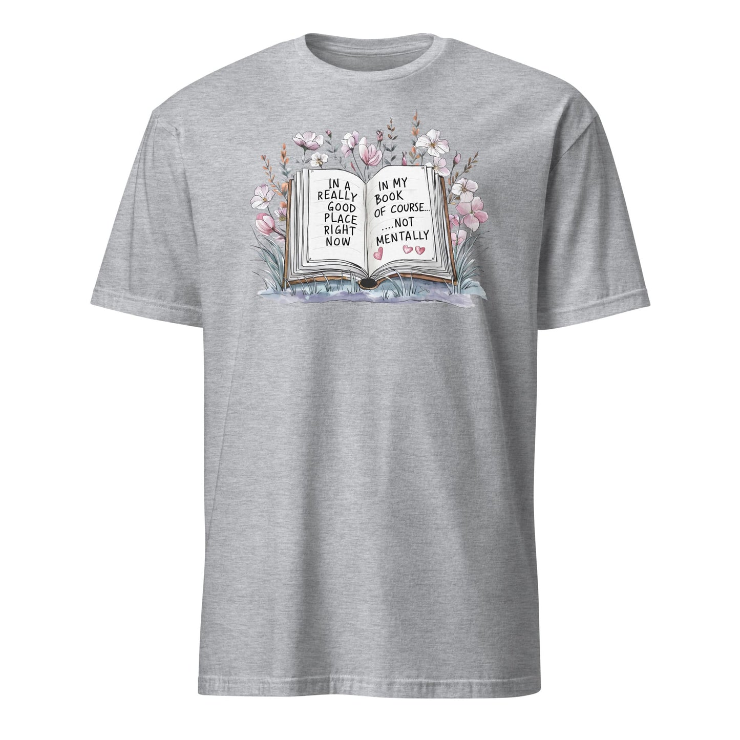 Gray t-shirt with a graphic of a book and flowers on a white background