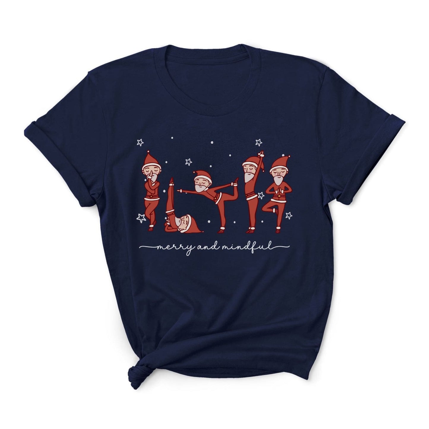 Navy blue t-shirt with Christmas-themed design featuring Santa Claus doing yoga