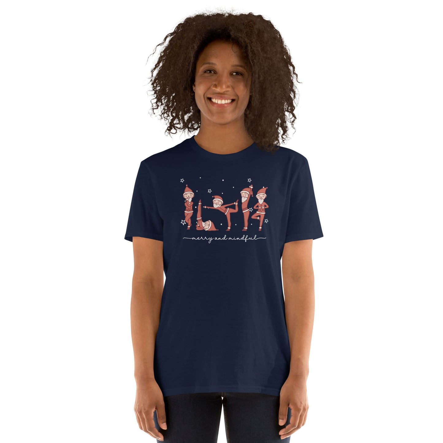 Person wearing a navy blue t-shirt with a yoga mindfilness design on a white background