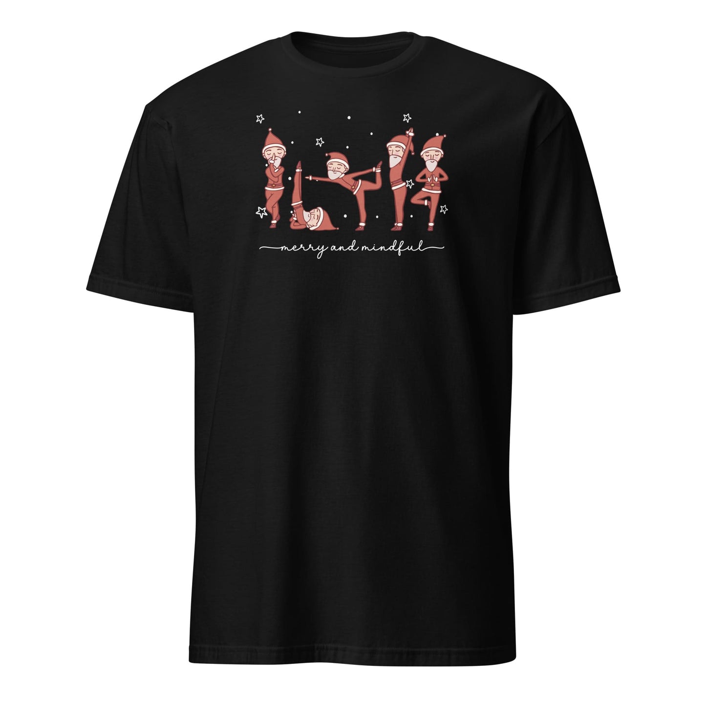 Black t-shirt with Christmas-themed design and text on a white background