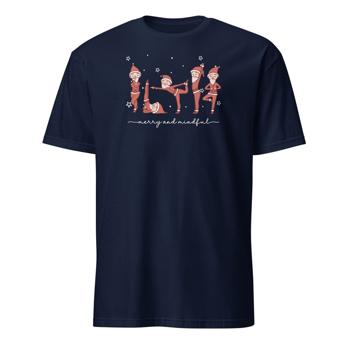 Navy blue t-shirt with Christmas-themed design and text on a white background