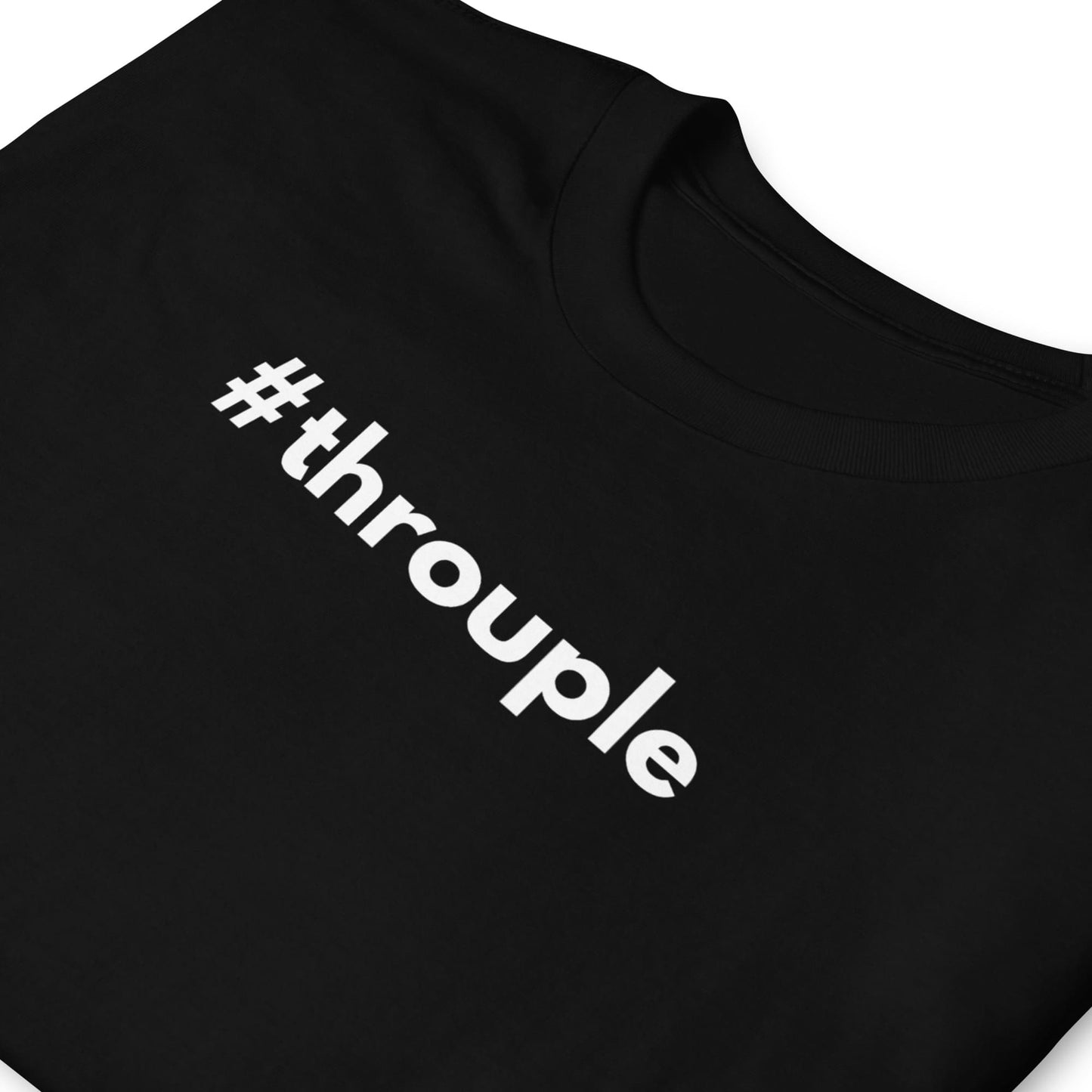 Black polyamorous ENM t-shirt with '#throuple' text on a white background