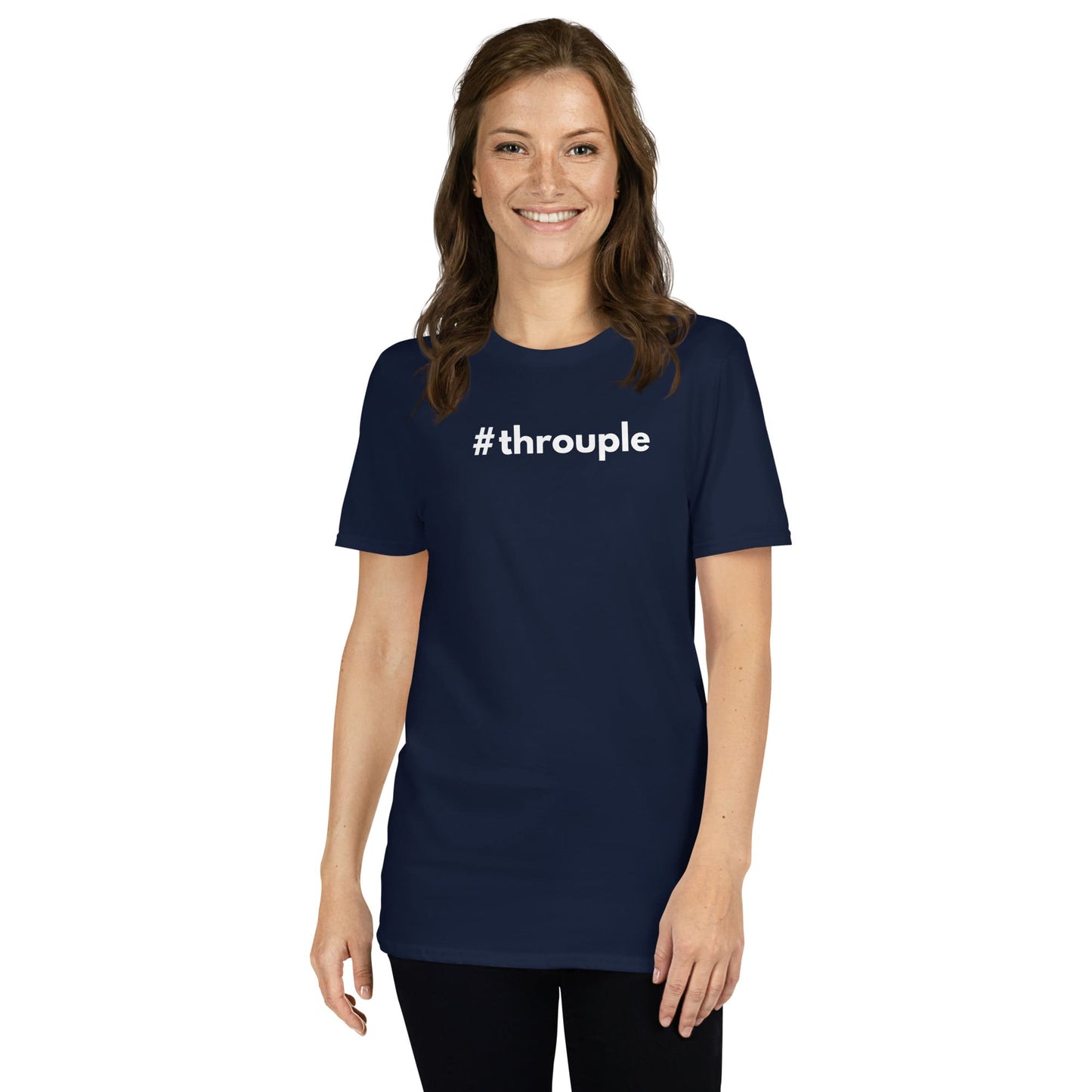 Woman wearing a navy blue polyamory ENM t-shirt with '#throuple' text on a white background