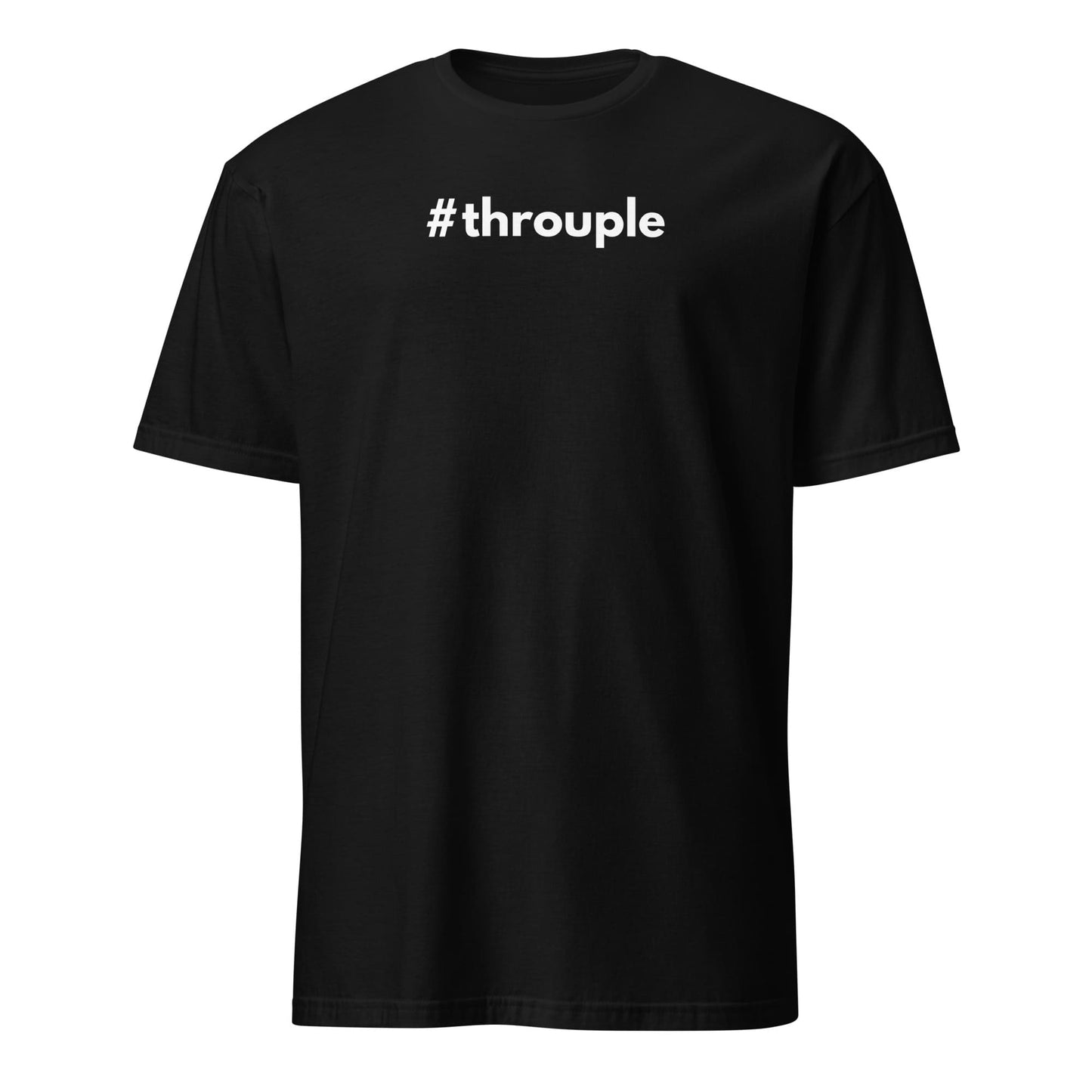 Black ENM polyamory -shirt with '#throuple' text on a white background