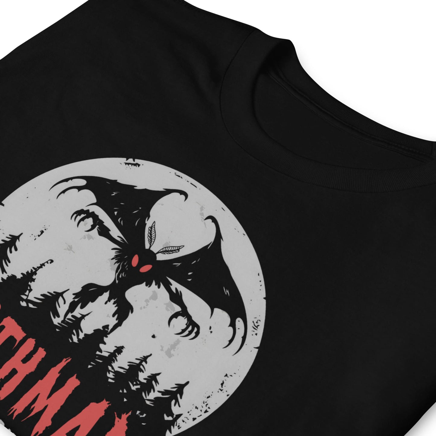 Black t-shirt with mothman on a white background
