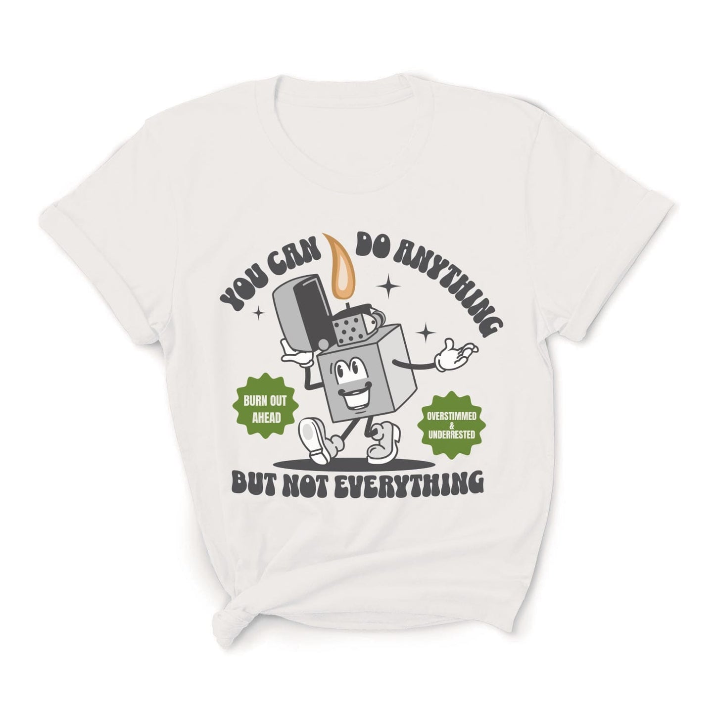 White t-shirt with a cartoon character and text on a white background: Funny Overstimulated Shirt, Motivational Mental Health Tee, Autism Awareness T-Shirt, ADHD AuDHD Burnout Tshirt, Sped BCBA Teacher Gift