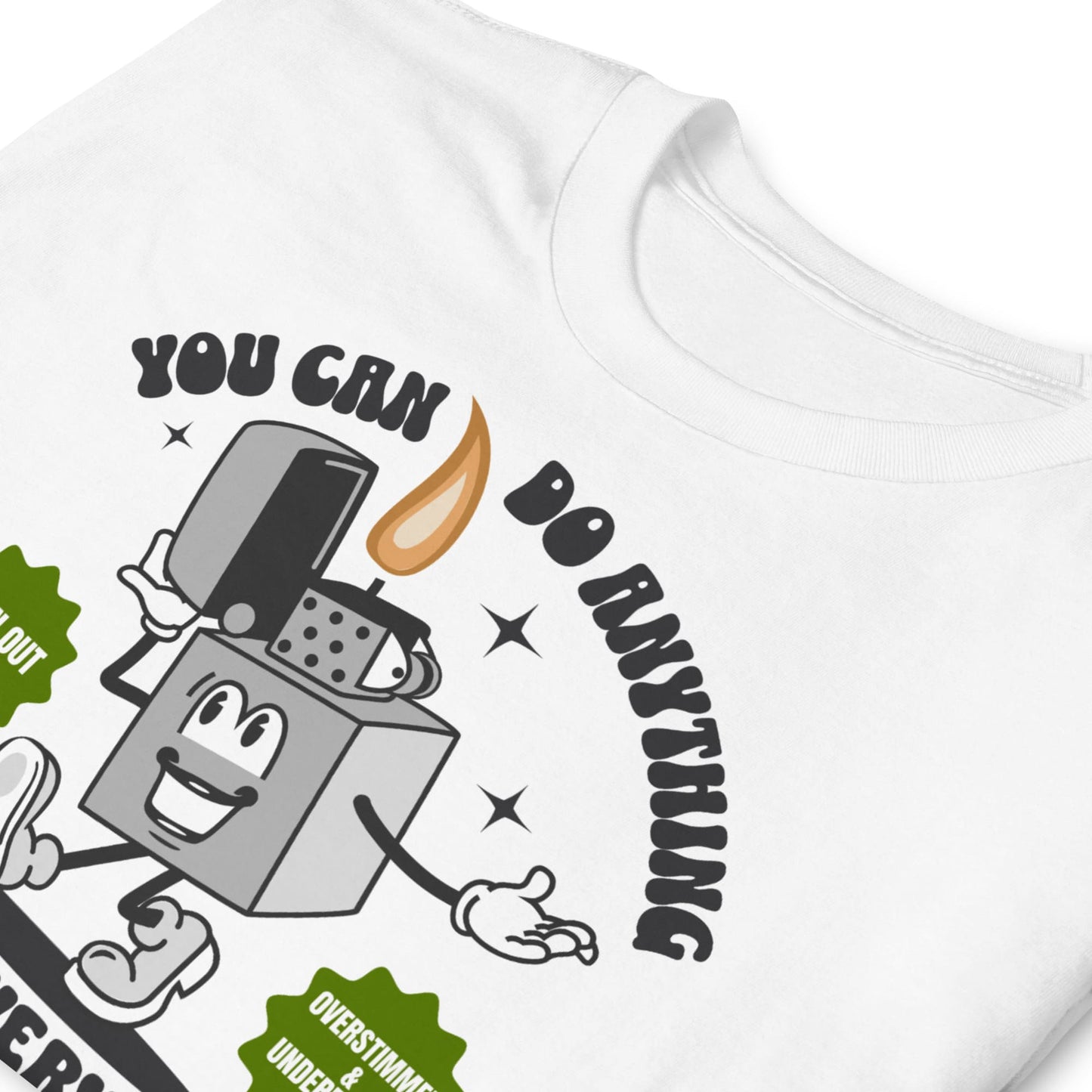 White t-shirt with a cartoon lighter graphic and text on a white background: Funny Overstimulated Shirt, Motivational Mental Health Tee, Autism Awareness T-Shirt, ADHD AuDHD Burnout Tshirt, Sped BCBA Teacher Gift