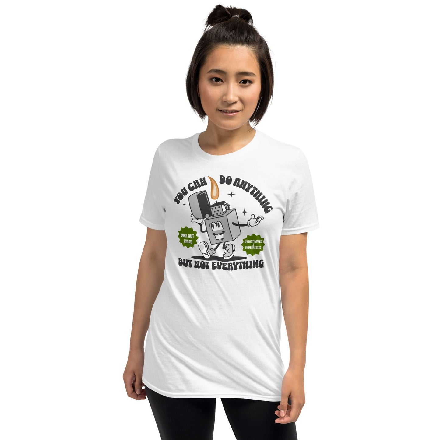 Person wearing a white t-shirt with a graphic design and text on a white background: Funny Overstimulated Shirt, Motivational Mental Health Tee, Autism Awareness T-Shirt, ADHD AuDHD Burnout Tshirt, Sped BCBA Teacher Gift