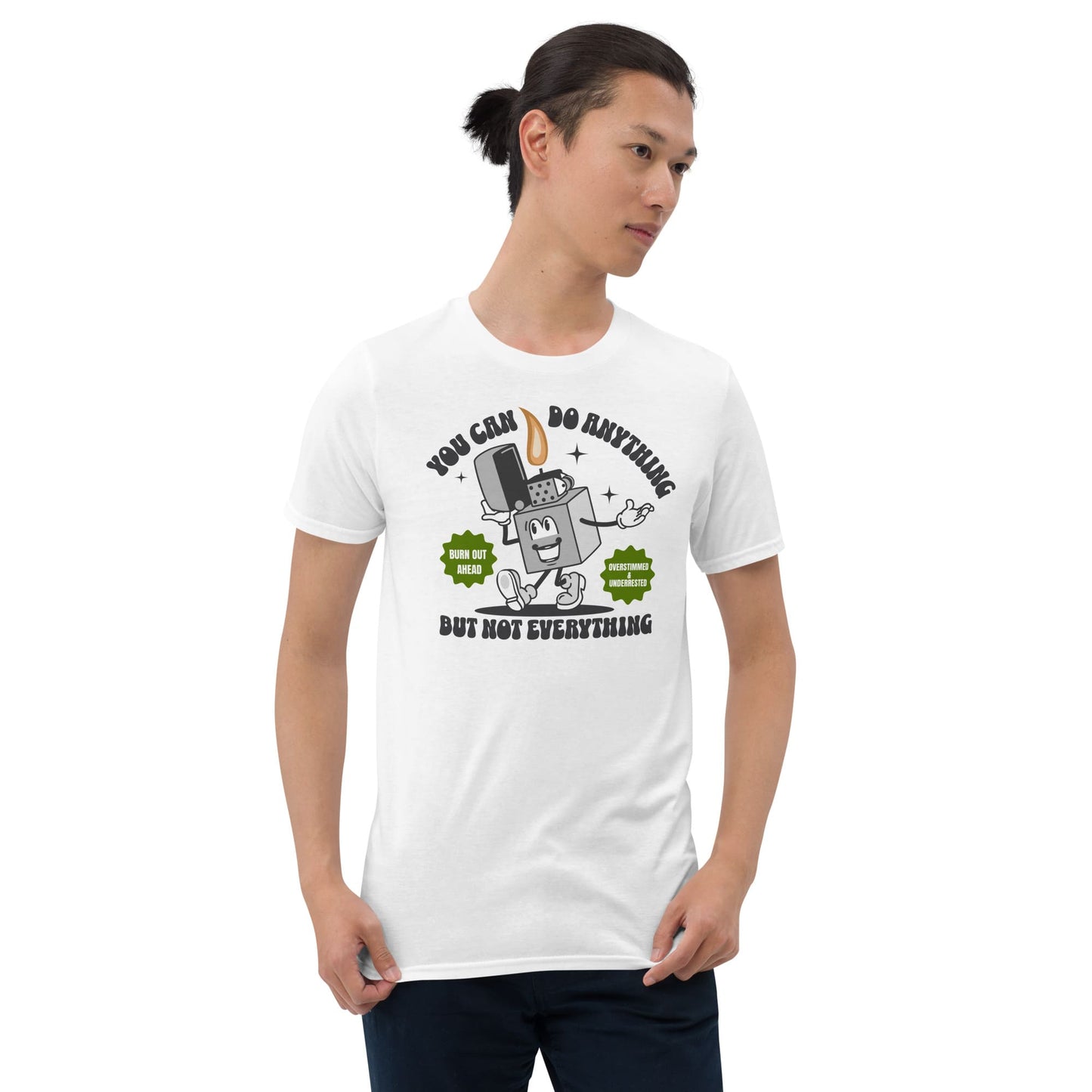 Man wearing a white t-shirt with a graphic design and text on a white background: Funny Overstimulated Shirt, Motivational Mental Health Tee, Autism Awareness T-Shirt, ADHD AuDHD Burnout Tshirt, Sped BCBA Teacher Gift