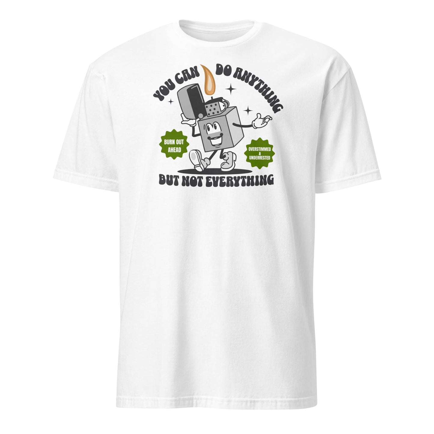 White t-shirt with cartoon character and motivational text on a white background: Funny Overstimulated Shirt, Motivational Mental Health Tee, Autism Awareness T-Shirt, ADHD AuDHD Burnout Tshirt, Sped BCBA Teacher Gift