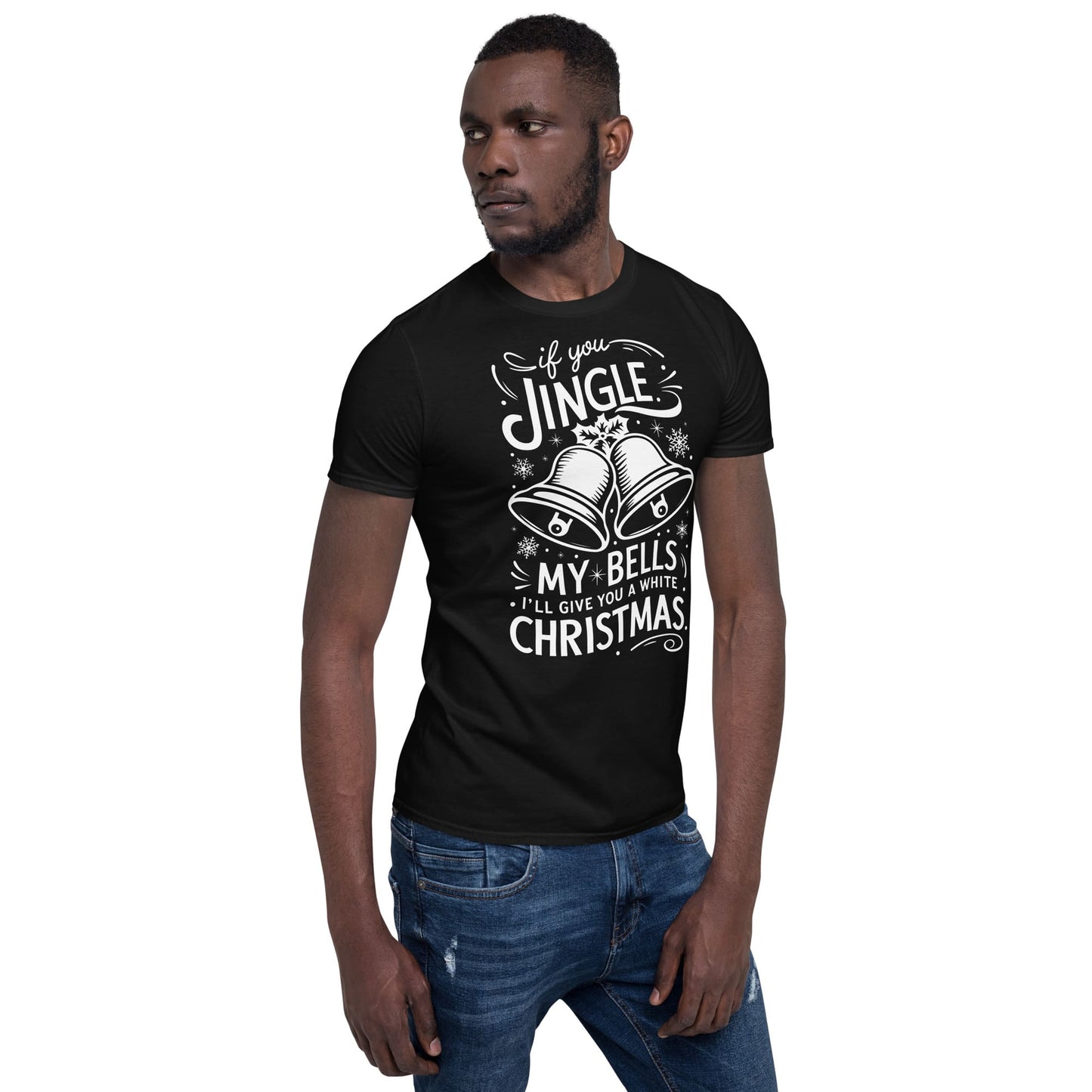 black man showing his Rude Christmas Men's Shirt, Jingle My Bells T-Shirt, Inappropriate XMas Tee For Boyfriend Husband, Adult Humor Christmas Gift For Him