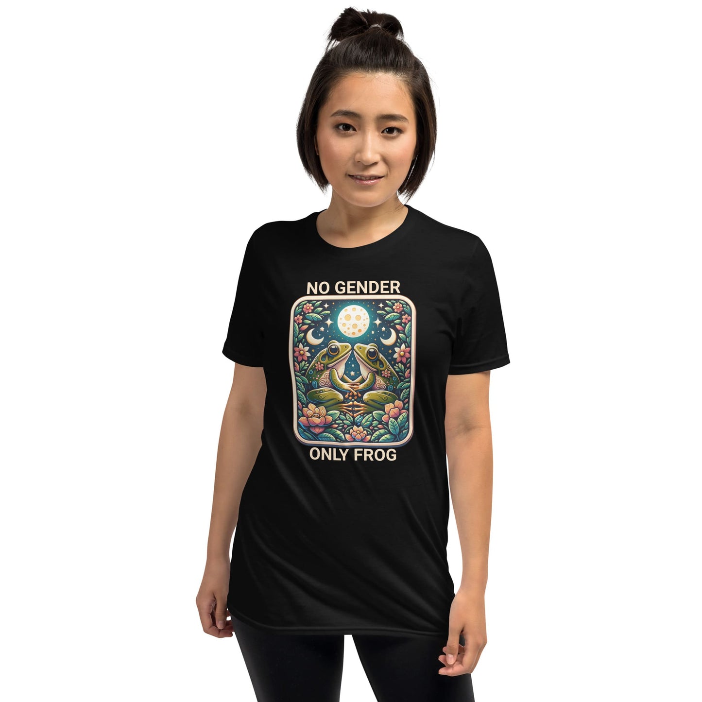 agender or nonbinary Person wearing a black t-shirt with 'No Gender Only Frog' design on a white background
