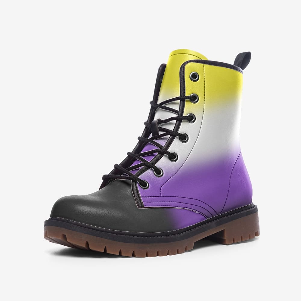non binary shoes, enby pride combat boots