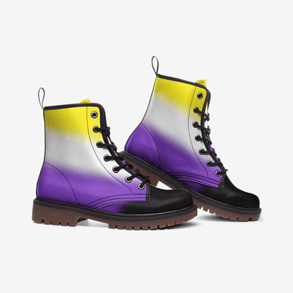 non binary shoes, enby pride combat boots, side