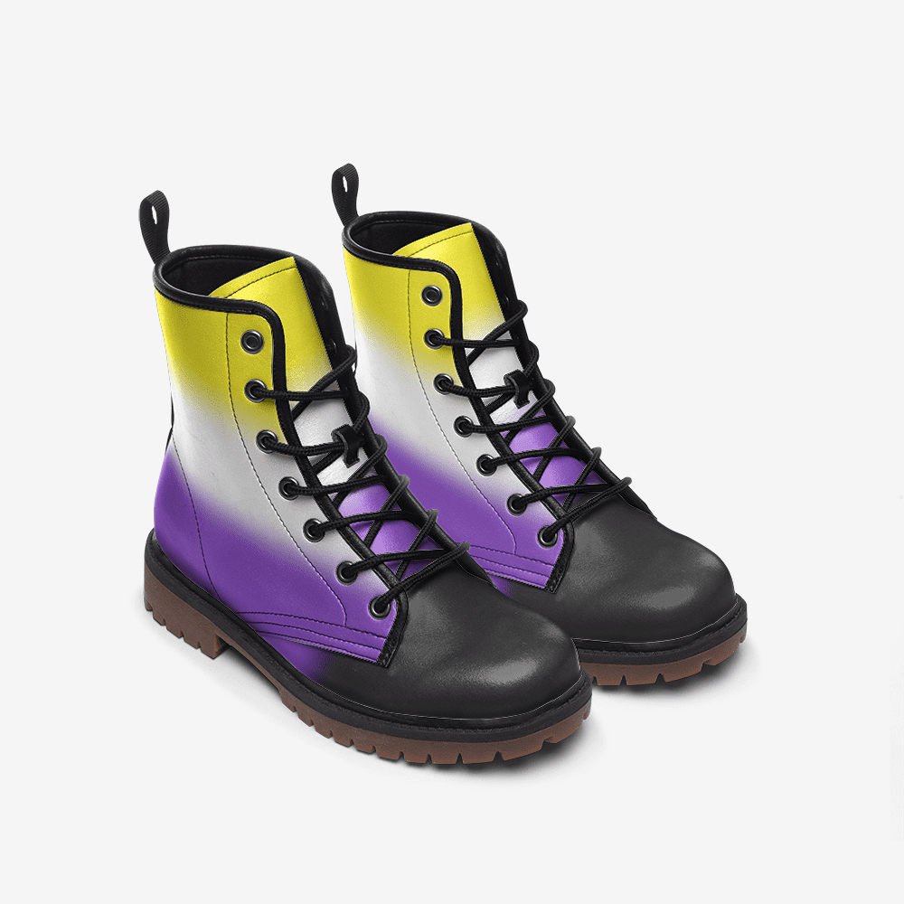 non binary shoes, enby pride combat boots, front