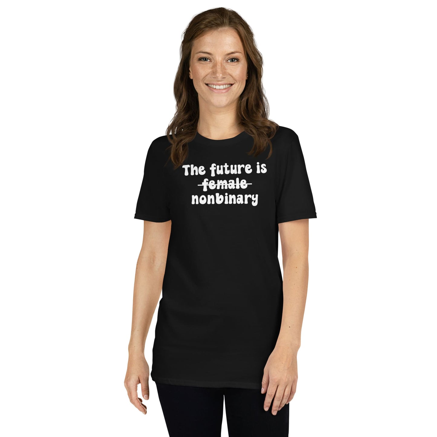 woman wearing black enby feminist tee