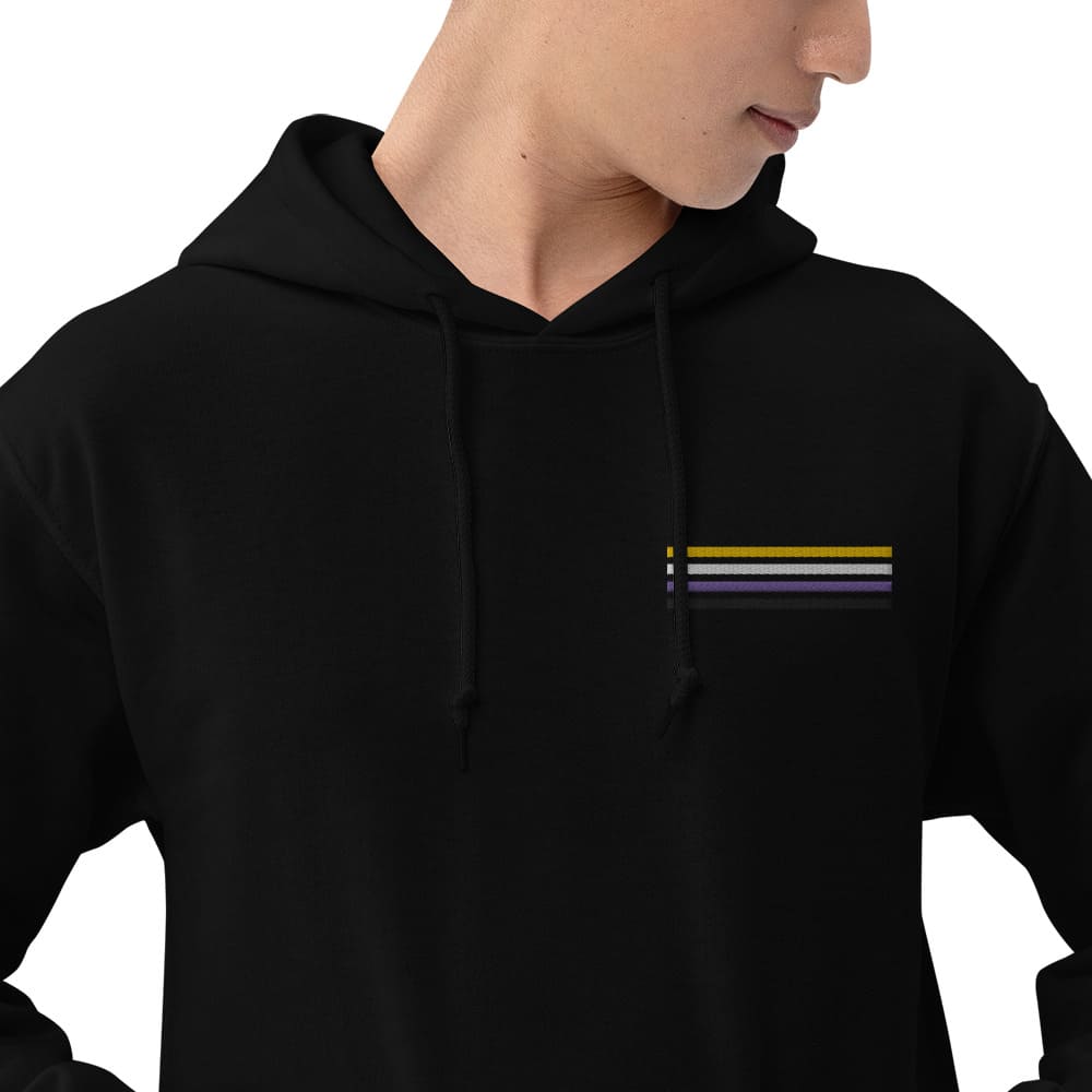 nonbinary hoodie, subtle enby pride flag embroidered pocket design hooded sweatshirt, model 1