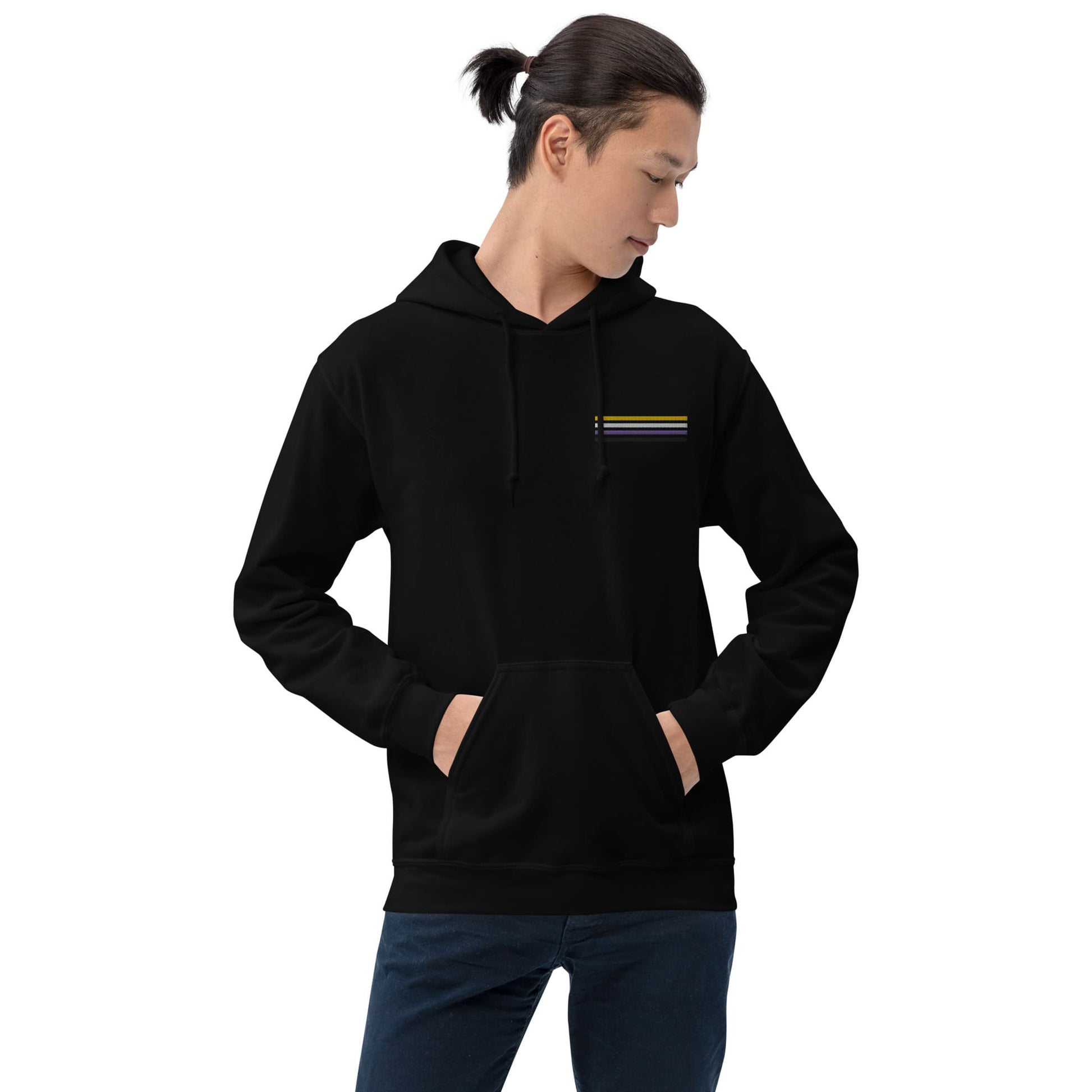 nonbinary hoodie, subtle enby pride flag embroidered pocket design hooded sweatshirt, model 1