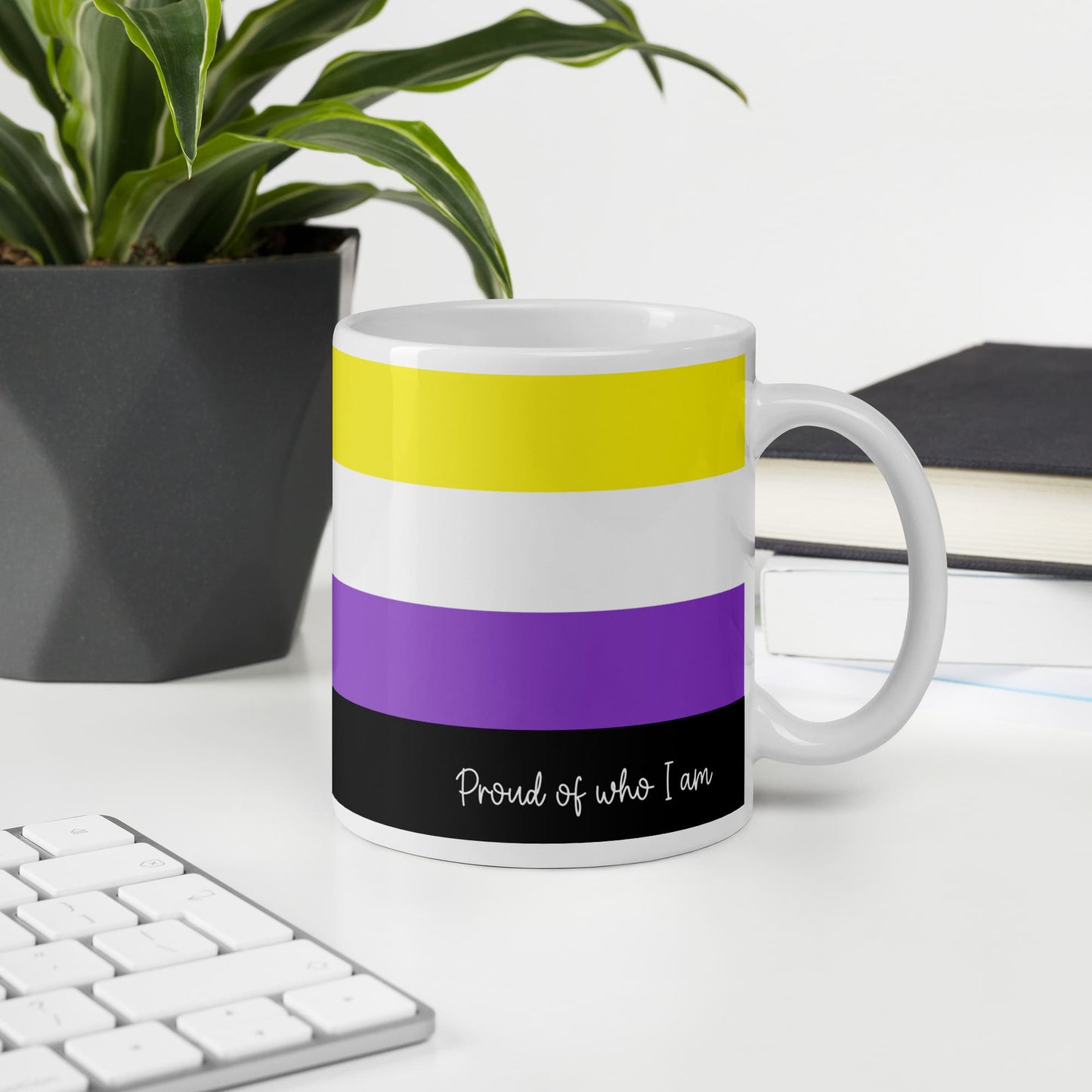 non binary coffee mug on desk