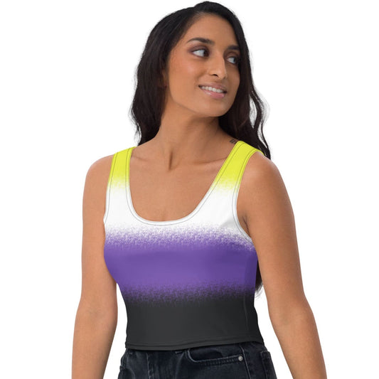 nonbinary crop top, enby pride tank, model 1 left