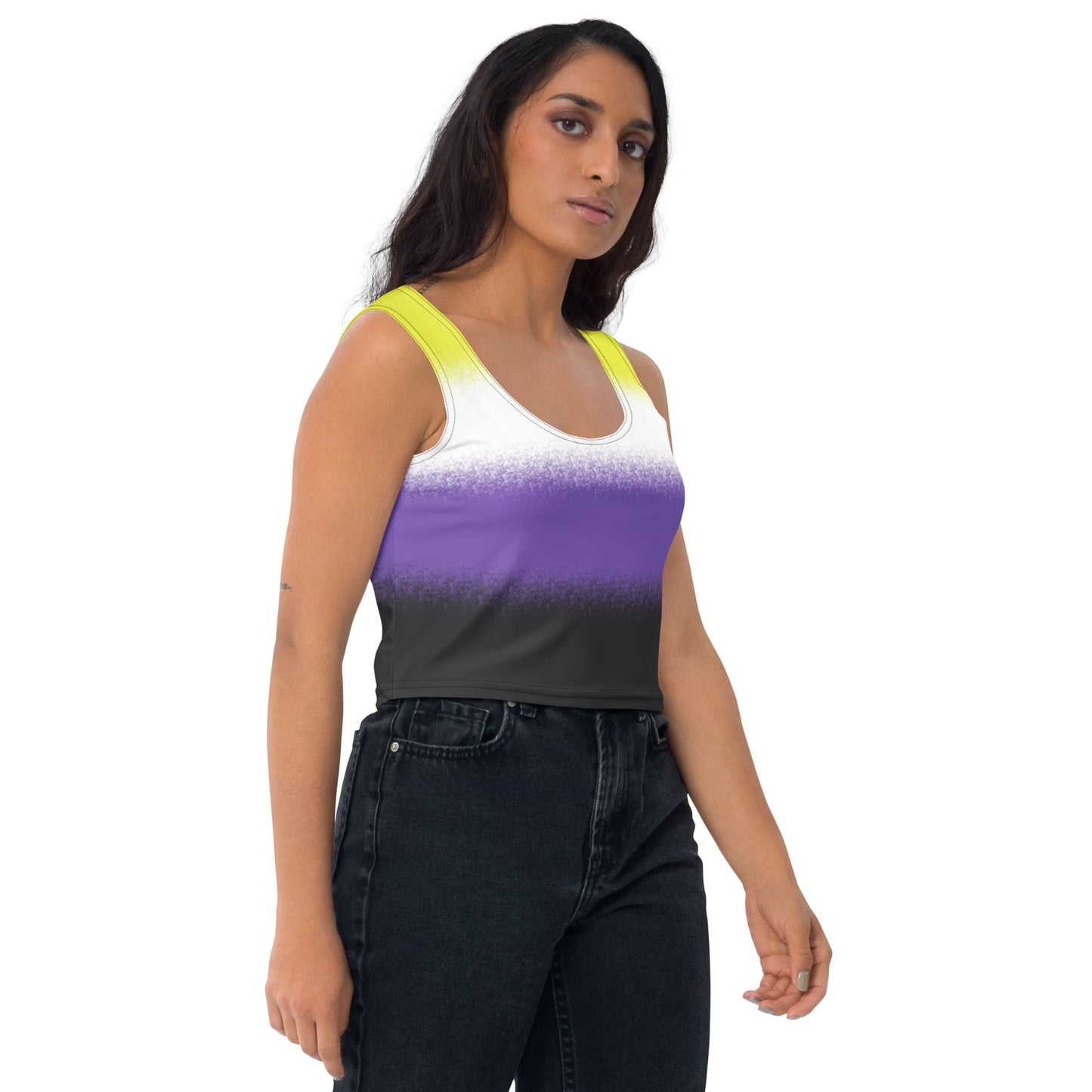 nonbinary crop top, enby pride tank, model 1 right