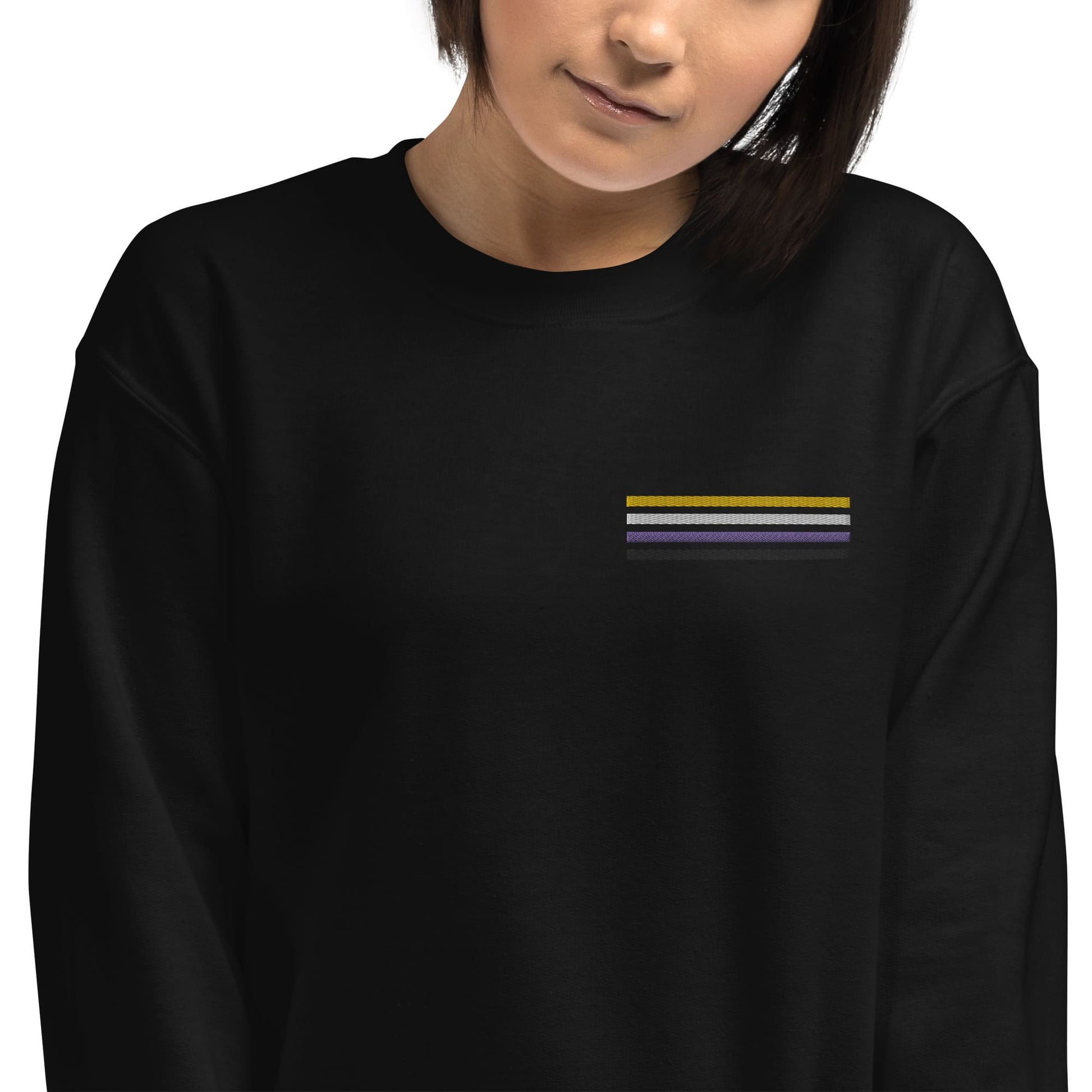 nonbinary sweatshirt, subtle enby pride embroidered pocket design sweater, model 2