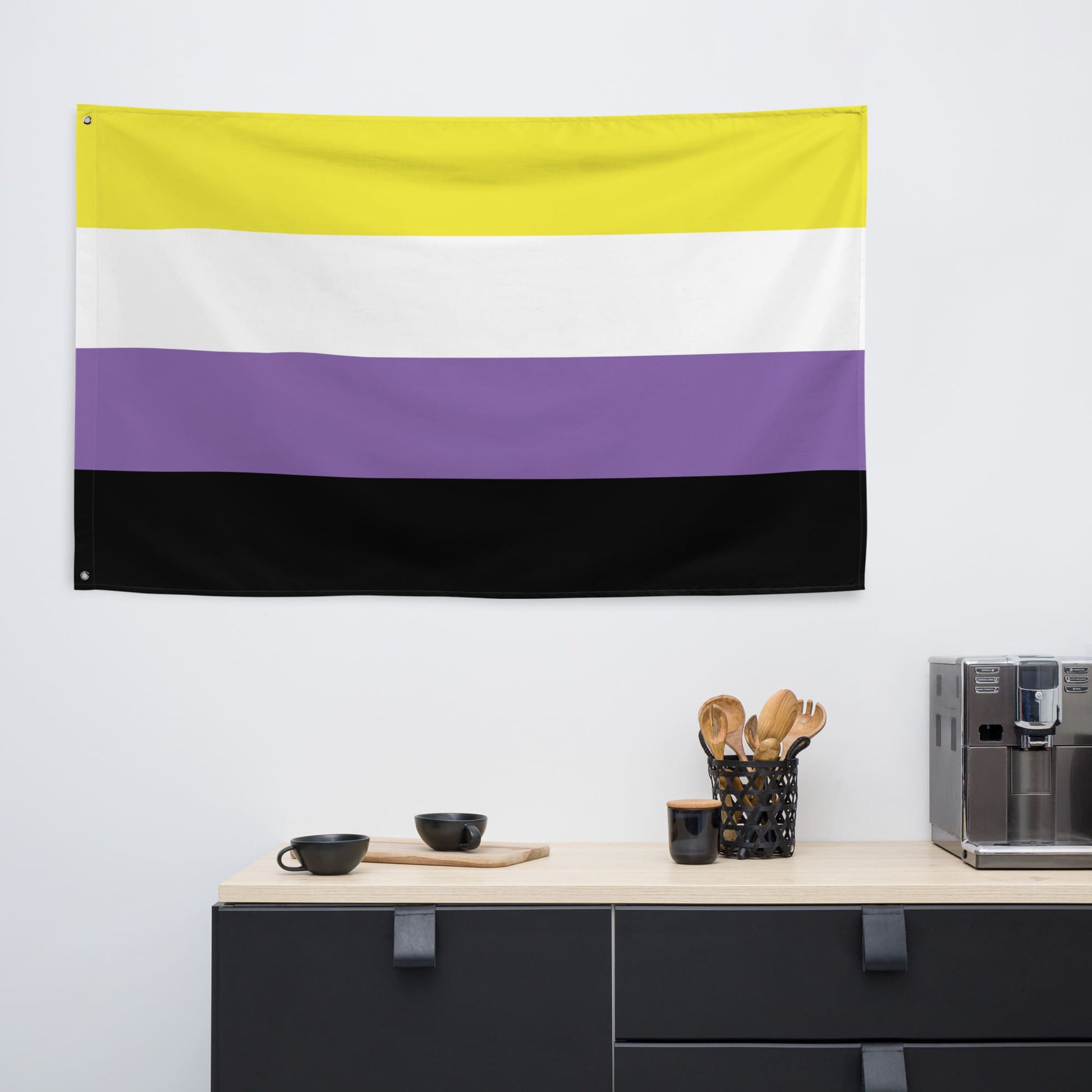 Nonbinary flag wall tapestry, in use