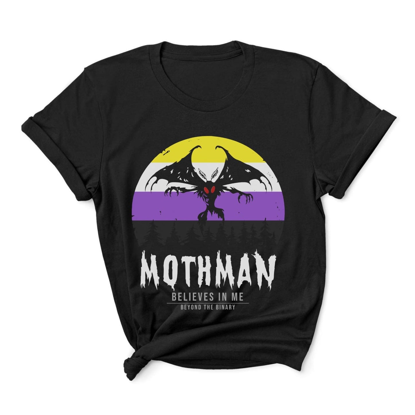 Black t-shirt with Mothman graphic and text on a white background: Nonbinary Mothman Shirt, Enby Pride Cryptid Folklore T-Shirt, Queer Mythology Legend Cryptozoology Tee, Cryptidcore Weirdcore Gift For LGBT